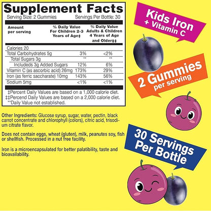 Iron Gummies for Kids with Vitamin C - Anemia Support, Red Blood Cell Formation, Energy, and Immunity Support Gummy, Iron Supplements for Kids - GMO Free, Natural Grape Flavor - 60 Count