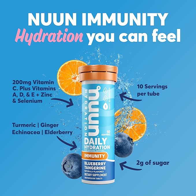 Nuun Immunity: Antioxidant Immune Support Hydration Supplement with Vitamin C, Zinc, Turmeric, Elderberry, Ginger, Echinacea, and Electrolytes. Flavor: Blueberry Tangerine, 8 tubes (80 servings)