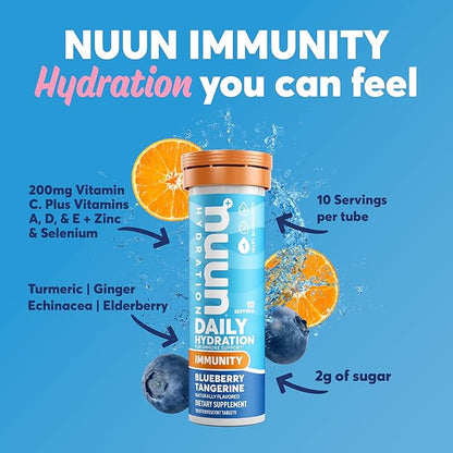 Nuun Immunity: Antioxidant Immune Support Hydration Supplement with Vitamin C, Zinc, Turmeric, Elderberry, Ginger, Echinacea, and Electrolytes. Flavor: Blueberry Tangerine, 8 tubes (80 servings)