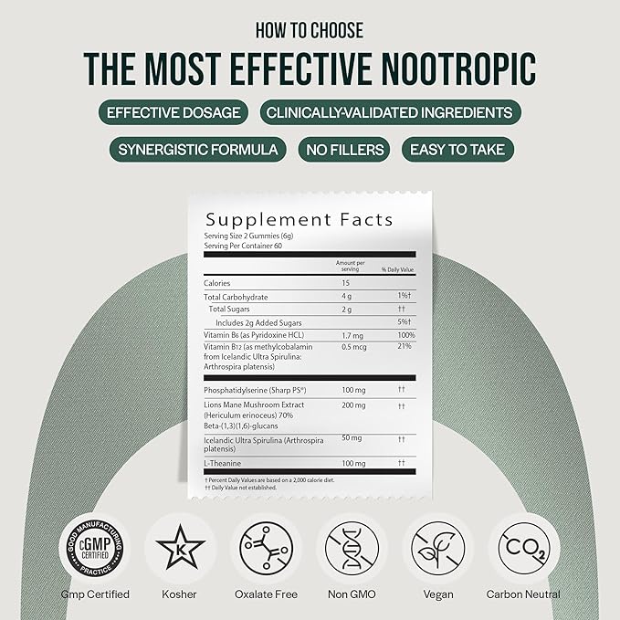 Orlo Focus & Memory Gummies – Nootropic Supplement for Adults with Lion’s Mane, L-Theanine, Phosphatidylserine, Spirulina, Vitamin B6 & B12 Methylcobalamin (60 Gummies)