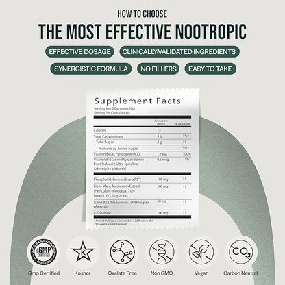 Orlo Focus & Memory Gummies – Nootropic Supplement for Adults with Lion’s Mane, L-Theanine, Phosphatidylserine, Spirulina, Vitamin B6 & B12 Methylcobalamin (60 Gummies)