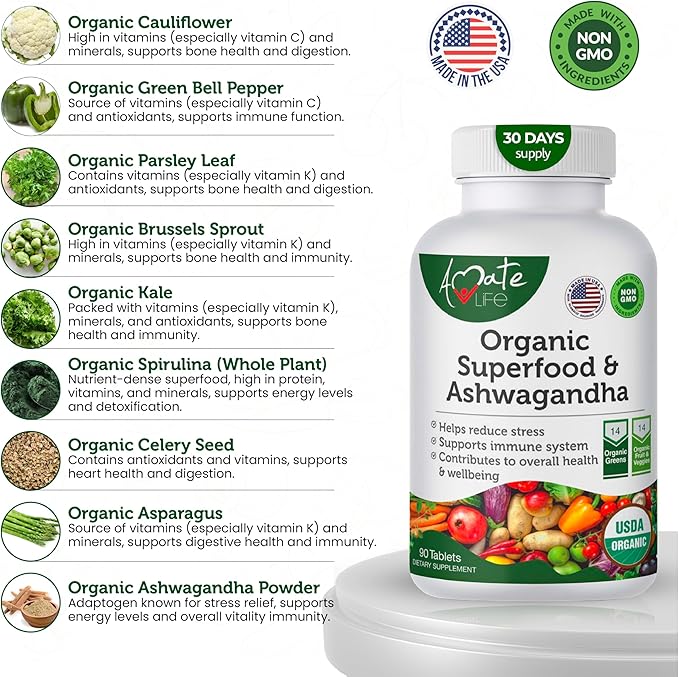 Organic Superfood Greens Fruits and Veggies Complex with Ashwagandha - 2 in 1 Supplement with 14 Greens and 14 Fruits & Vegetables with Organic Ashwagandha Rich in Antioxidants - Non-GMO 90 Tablets