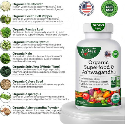 Organic Superfood Greens Fruits and Veggies Complex with Ashwagandha - 2 in 1 Supplement with 14 Greens and 14 Fruits & Vegetables with Organic Ashwagandha Rich in Antioxidants - Non-GMO 90 Tablets