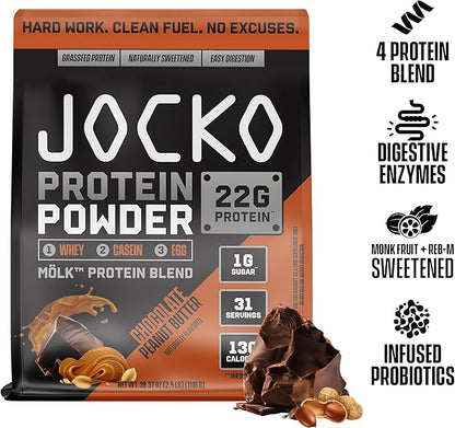 Jocko Mölk Whey Protein Powder 22g Sugar Free Monk Fruit Blend - Muscle Recovery & Growth, Packaging May Vary (31 Servings, Chocolate Peanut Butter)