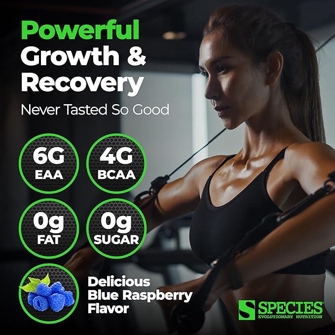 Species Nutrition Amino Evolved EAA & BCAA Powder, Fermented Amino Acids, Branched Chain Amino Acid Muscle Recovery & Endurance, Pre & Post Workout Supplement (Blue Raspberry, 30 Servings)