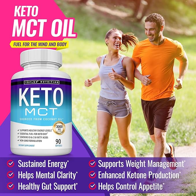 Toplux Keto MCT Oil Capsules - 3000mg Natural Pure Coconut Oil Extract Pills, Source of Energy, Easy to Digest for Men Women, 90 Softgels, Supplement