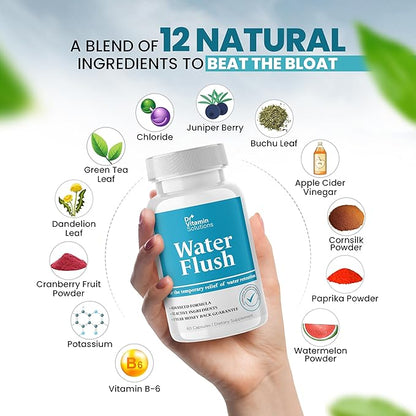 Diuretic Water Pills for Weight Control, 12 Active Ingredients (Green Tea, Cranberry & More), Instant Relief from Bloat & Swelling, Water Retention Pills for Women & Men - 60 Caps