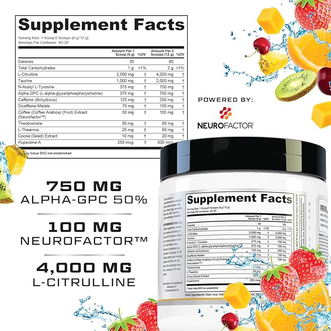 Prevail Pre Workout Powder with Nootropics Pre-Workout Drink for Men and Women Lazer Focus and Energy Stim Pre Workout with L-Citrulline Alpha GPC and L Tyrosine , 40 Scoops (Tropical Punch)