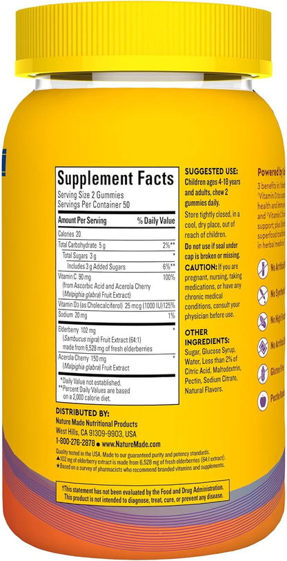 Nature Made Wellblends Immune & Superfood, Elderberry Gummies with Acerola Cherry Extract, Plus Vitamin C + Vitamin D, Immune Support Supplement, 100 Gummy Vitamins