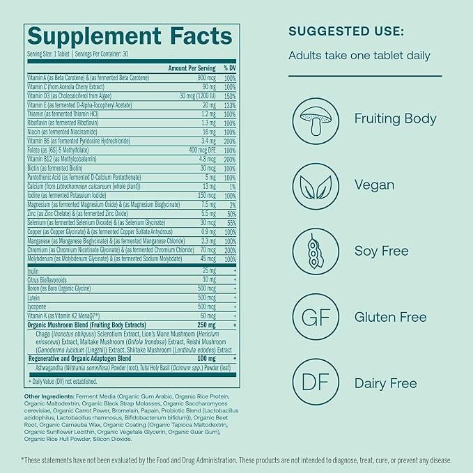 True Grace Men's 40+ One Daily Multivitamin Fermented Minerals, Organic Adaptogens & Mushrooms Whole Body Balance Immune, Endurance, Bone & Heart Support Supplement - Non-GMO - 30 Vegan Tablets