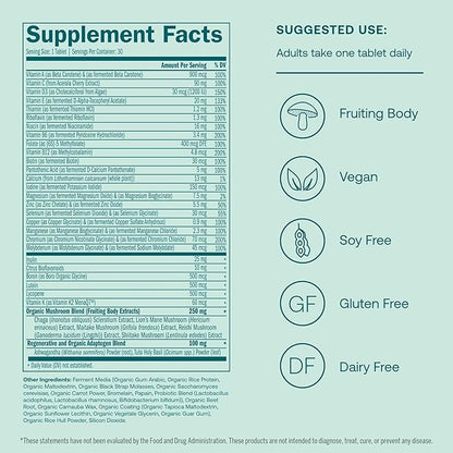 True Grace Men's 40+ One Daily Multivitamin Fermented Minerals, Organic Adaptogens & Mushrooms Whole Body Balance Immune, Endurance, Bone & Heart Support Supplement - Non-GMO - 30 Vegan Tablets