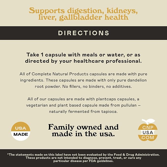 Complete Natural Products Pure Organic Dandelion Root Capsules - 530mg Capsules 100 Pills Dried Dandelion Root Herbal Supplement