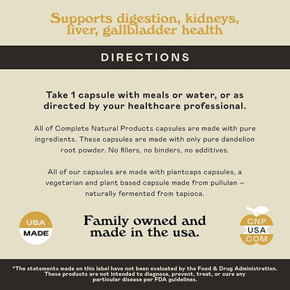 Complete Natural Products Pure Organic Dandelion Root Capsules - 530mg Capsules 100 Pills Dried Dandelion Root Herbal Supplement