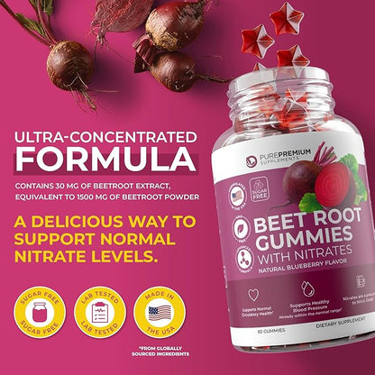 PurePremium Beet Root Gummies - 60 Sugar Free Beet Chews (50:1 Equivalent 1500 mg) - Super Nitric Oxide Gummies - Natural Blueberry Beets Chewables - Beets Supplements for Normal Blood Pressure