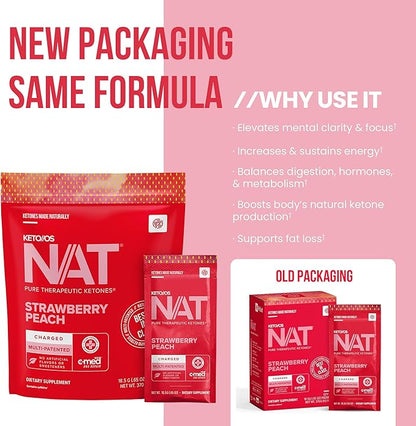 PRÜVIT Keto//OS NAT® Strawberry Peach Keto Supplements – Charged - Exogenous Ketones - BHB Salts Ketogenic Supplement for Workout Energy Boost for Men and Women (20 Count)