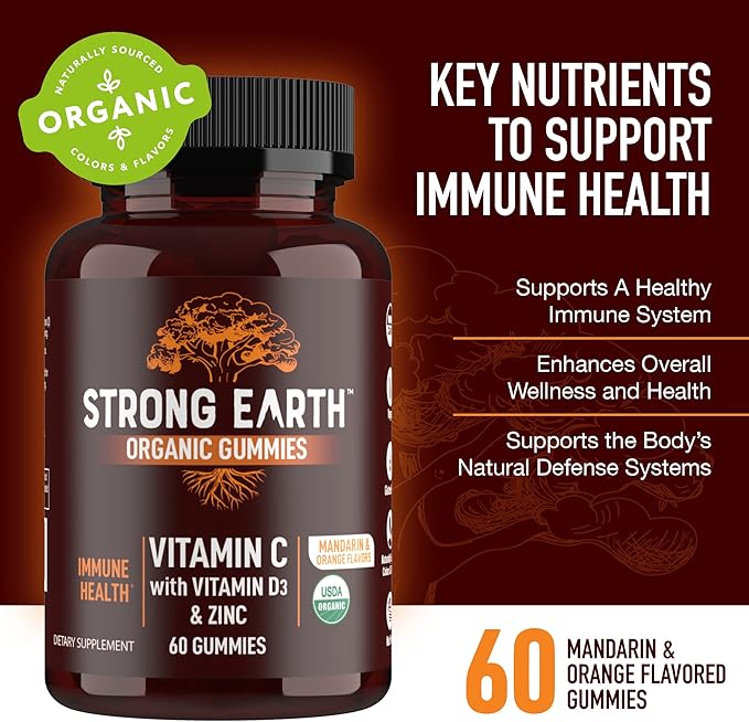 Strong Earth - Organic Immune Health Gummies with Vitamin C, Vitamin D3 Plus Zinc - Adult Immune System Boost Zinc, Vitamin C, Vitamin D Gummies - Gummy Multivitamin Immune Support Supplement (60)