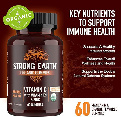 Strong Earth - Organic Immune Health Gummies with Vitamin C, Vitamin D3 Plus Zinc - Adult Immune System Boost Zinc, Vitamin C, Vitamin D Gummies - Gummy Multivitamin Immune Support Supplement (60)