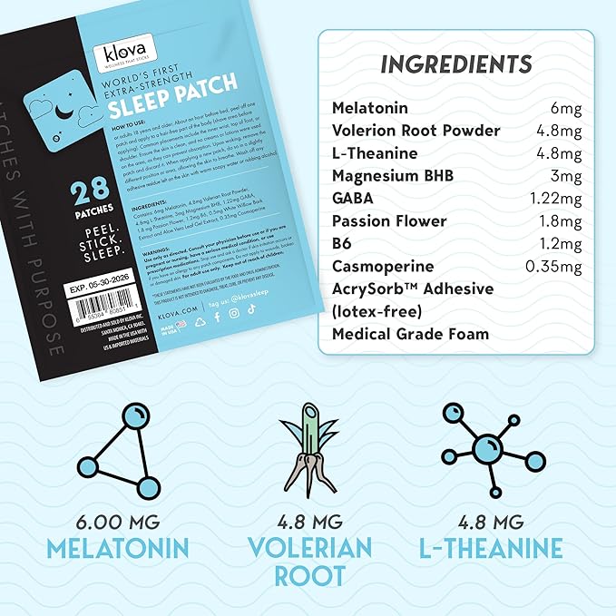 Klova Extra Strength Sleep Patches for Longer-Lasting Rest & Clear Morning Energy, with 6mg Melatonin and Natural Ingredients Like Valerian, Passion Flower, L-Theanine & More