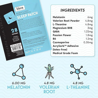 Klova Extra Strength Sleep Patches for Longer-Lasting Rest & Clear Morning Energy, with 6mg Melatonin and Natural Ingredients Like Valerian, Passion Flower, L-Theanine & More