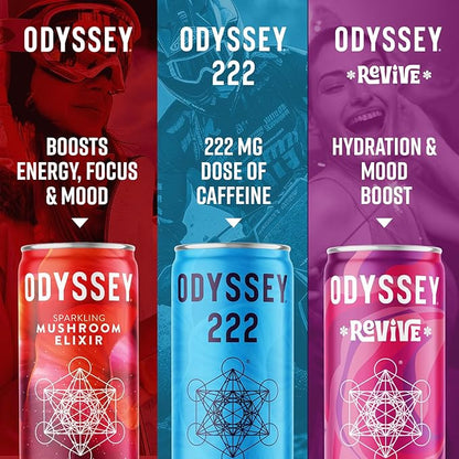 Odyssey Elixir Functional Beverage - Adaptogen Drink with Lions Mane, Cordyceps, L Theanine & Green Tea Caffeine - for Cognition, Energy & Mood Boost - 0 Added Sugar - Variety Pack - 12 Fl oz, 12 Pack