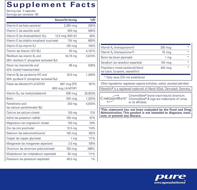 Pure Encapsulations Nutrient 950 with Vitamin K 180's - Multivitamin & Mineral Supplement - Bone & Arterial Support* - Optimal Absorption - Gluten Free & Non-GMO - 180 Capsules