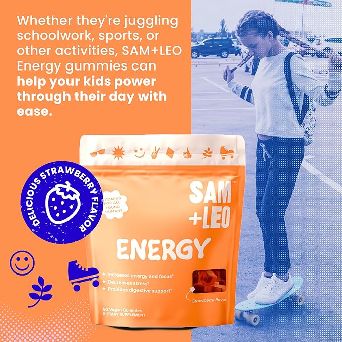 Energy Gummies - with Biotin, Vitamin B3, Vitamin B6 and Vitamin B12 for Kids & Teens - All Natural & Vegan Energy & Focus Supplement for Kids & Teens - Strawberry Flavor - 60/ct