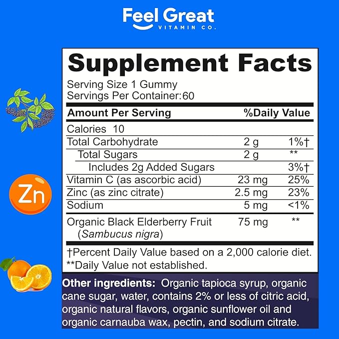 USDA Organic Elderberry Gummies for Kids | Kids Immune Support - Kids Elderberry Gummies with Zinc and Vitamin C - Gluten Free & Vegan Children's Vitamins - 60 Gummies | Sambucus Nigra Supplement