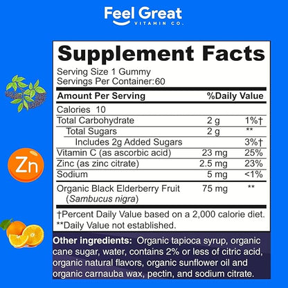 USDA Organic Elderberry Gummies for Kids | Kids Immune Support - Kids Elderberry Gummies with Zinc and Vitamin C - Gluten Free & Vegan Children's Vitamins - 60 Gummies | Sambucus Nigra Supplement