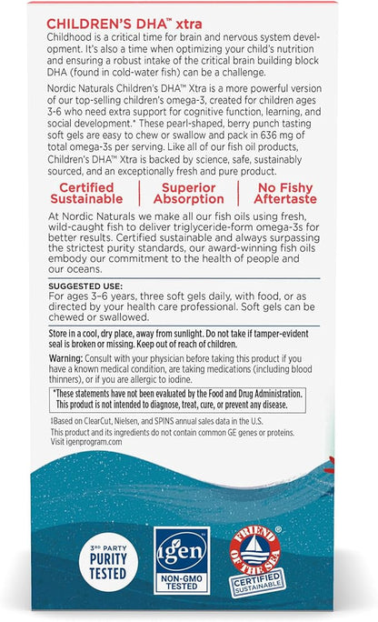 Nordic Naturals Children’s DHA Xtra, Berry Punch - 90 Mini Chewable Soft Gels for Kids - 636 mg Omega-3s EPA & DHA - Cognitive & Immune Function, Learning, Social Development - Non-GMO - 30 Servings