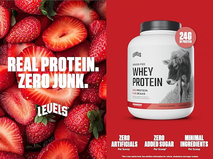 Levels Grass Fed Whey Protein Powder, No Artificials, 24G of Protein, Strawberry, 5LB