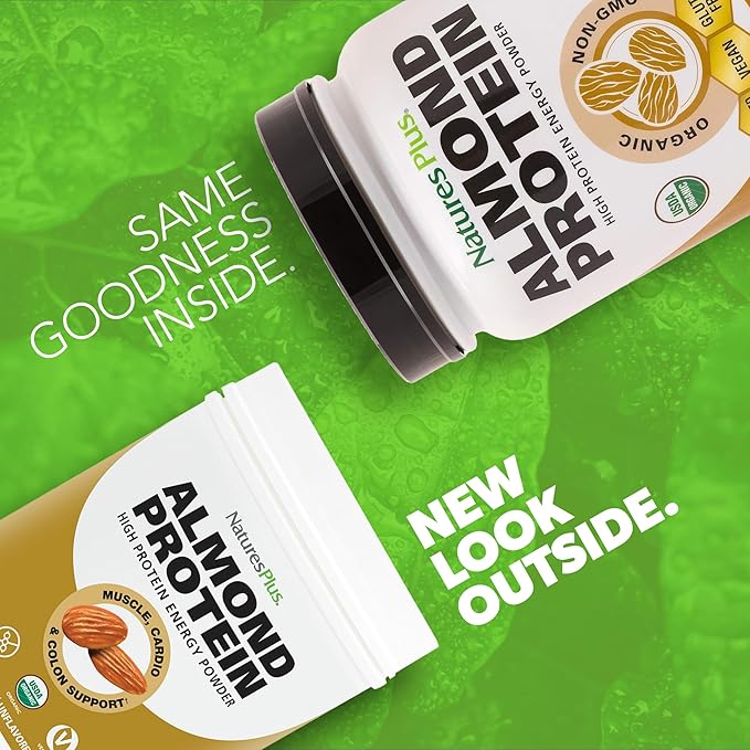 Natures Plus Almond Protein Powder - 1.04 lbs, Unflavored - USDA Certified Organic, Non-GMO Vegan Protein Powder, No Added Sugar, Promotes Muscle Recovery - Vegetarian, Gluten-Free - 15 Servings