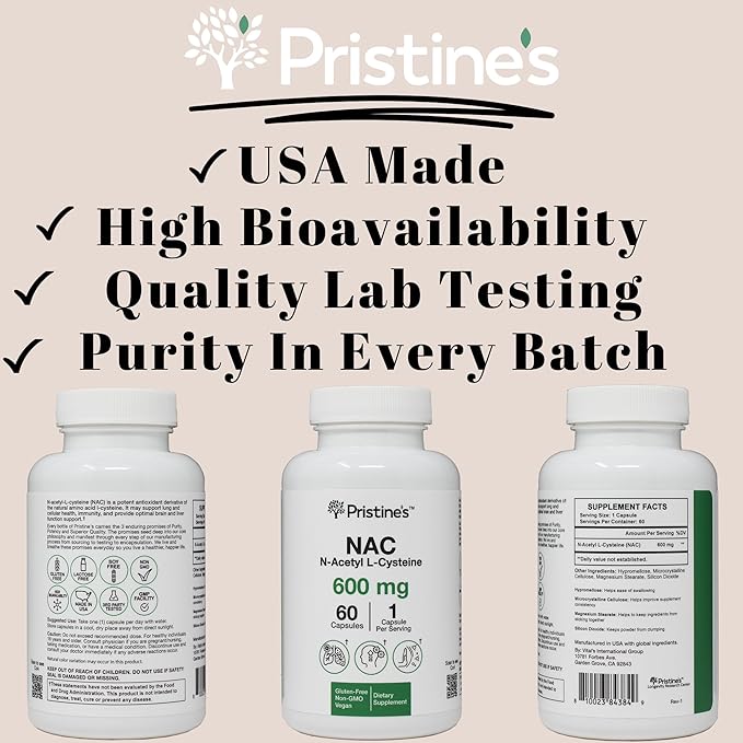 PRISTINE'S N-Acetyl L-Cysteine (NAC) 600MG (2 Pack) Immunity Support Supplement - 120-Day Supply - Potent Lung & Liver Antioxidant Supplement Capsules - Mood Support - Vegan, Glutern Free, Non GMO