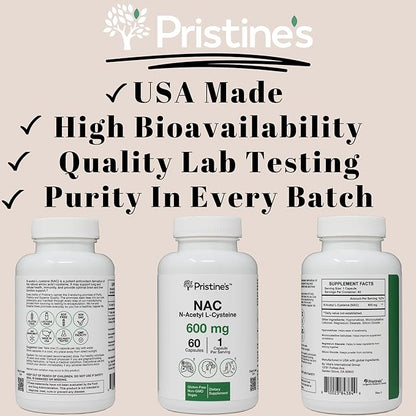 PRISTINE'S N-Acetyl L-Cysteine (NAC) 600MG (3 Pack) Immunity Support Supplement - 180-Day Supply - Potent Lung & Liver Antioxidant Supplement Capsules - Mood Support - Vegan, Glutern Free, Non GMO