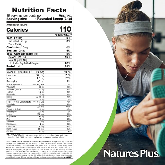 NaturesPlus SPIRU-TEIN, Blueberries & Cream - 1.12 lb - Plant-Based Protein Powder - Vitamins & Minerals for Energy - Vegetarian, Gluten Free - 15 Servings