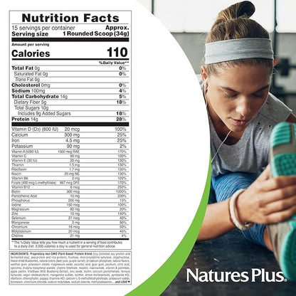 NaturesPlus SPIRU-TEIN, Blueberries & Cream - 1.12 lb - Plant-Based Protein Powder - Vitamins & Minerals for Energy - Vegetarian, Gluten Free - 15 Servings