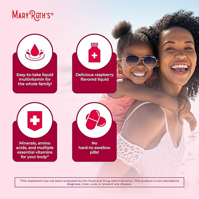 MaryRuth Organics Multivitamin for Women Men & Kids No Added Sugar | Morning Raspberry | Liquid Vitamins for Adults & Kids | Mens | Womens Multivitamin | Energy & Beauty Booster | 16-1 Fl Oz Bottles