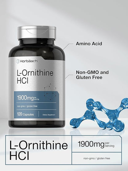 Horbäach L Ornithine HCl | 1900mg | 120 Capsules | Non-GMO & Gluten Free Supplement
