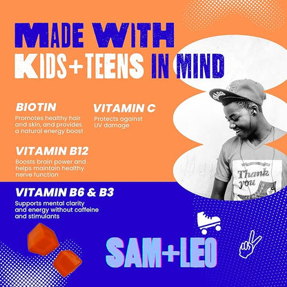 Energy Gummies - with Biotin, Vitamin B3, Vitamin B6 and Vitamin B12 for Kids & Teens - All Natural & Vegan Energy & Focus Supplement for Kids & Teens - Strawberry Flavor - 60/ct