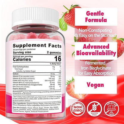 Iron Bisglycinate 26mg Filled Gummies- Gentle Beet Root Iron Gummy plus Vitamin C, Supplement Iron with B12 & Folate for Women & Men, Iron Deficiency, Immune & Energy Support, Sugar-Free, Vegan,120Cts
