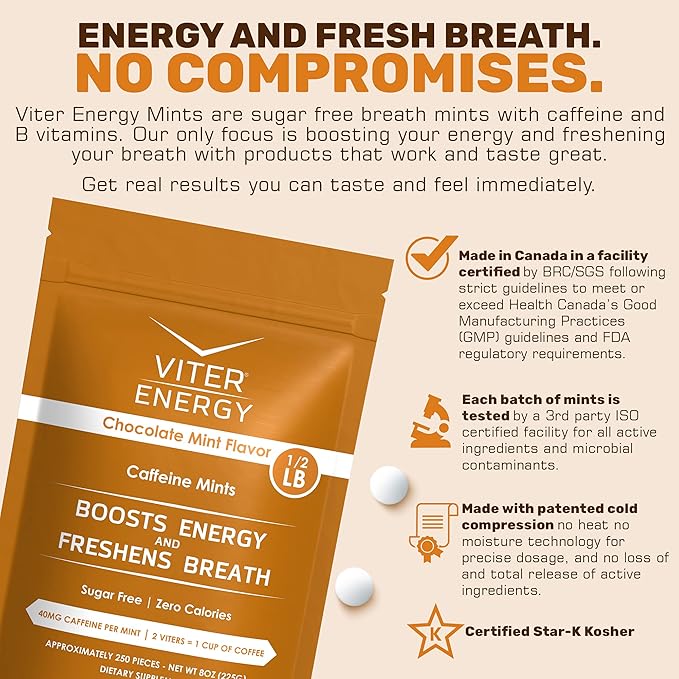 Viter Energy Caffeinated Mints 40mg Caffeine, B Vitamins, Sugar Free. (Chocolate Mint, 8oz, Bulk Bag)