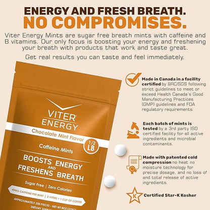 Viter Energy Caffeinated Mints 40mg Caffeine, B Vitamins, Sugar Free. (Chocolate Mint, 8oz, Bulk Bag)