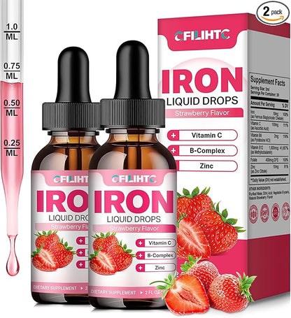 Liquid Iron Supplement for Women Men & Kids Multivitamin Iron Drops with Folate, Vitamin C, B6, B12, Zinc for Anemia, Iron Deficiency, Blood Builder, Energy - Natural Strawberry Flavor, Vegan 4 Fl Oz