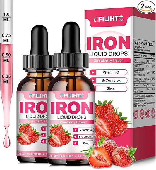 Liquid Iron Supplement for Women Men & Kids Multivitamin Iron Drops with Folate, Vitamin C, B6, B12, Zinc for Anemia, Iron Deficiency, Blood Builder, Energy - Natural Strawberry Flavor, Vegan 4 Fl Oz