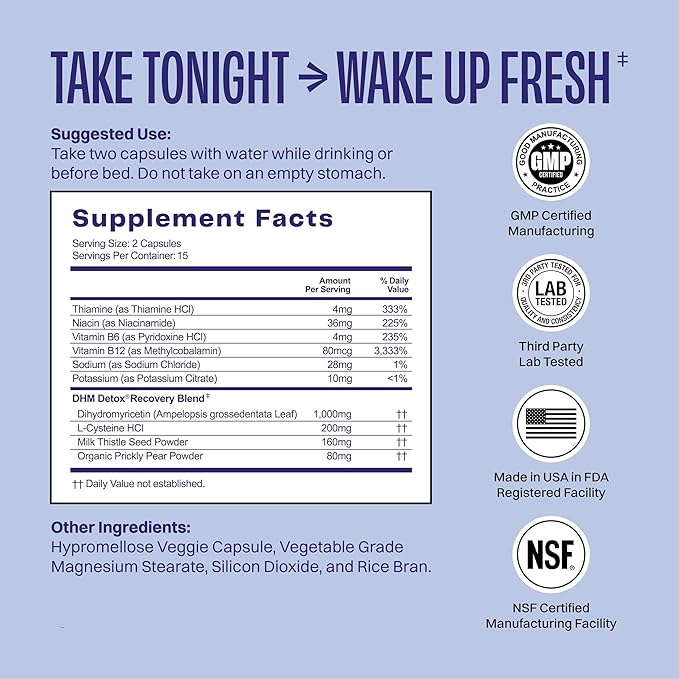 DHM Detox, 30 Capsules (15 Servings) - Jar - Take During Evening for Better Next Day and Recovery