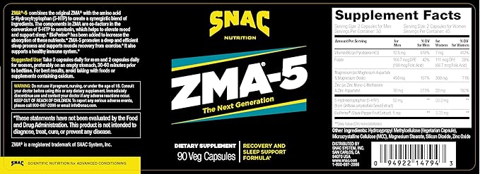 SNAC ZMA-5 Sleep Aid Supplement, Promote Muscle Recovery & Growth, Immune Support, & Restorative Sleep with Zinc, Magnesium & 5-HTP, Post Workout, Before Bed ZMA Supplements 180 Count (2 Pack)