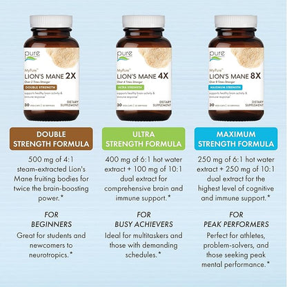 PURE ESSENCE LABS MyPure Lion's Mane 4X - Ultra Strength Brain Support Supplement with 6:1 Hot Water Extract & 10:1 Extract for Cognitive Health, Focus, Memory & Mental Clarity, 60 Capsules