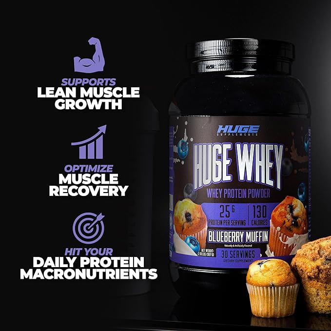 Huge Whey, Protein Powder for Muscle Gain, 25g Protein, 12g EAAs, Supports Muscle Growth, Performance & Recovery (Blueberry Muffin, 30 Servings)