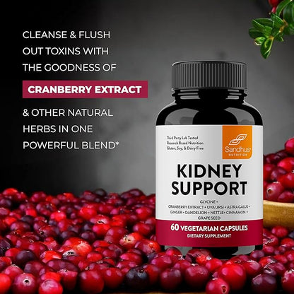 Sandhu's Kidney Cleanse Detox & Repair Support Supplement for Men and Women | with Cranberry Extract | Helps Support Kidney & Urinary Tract Health | 60 Vegetarian Capsules