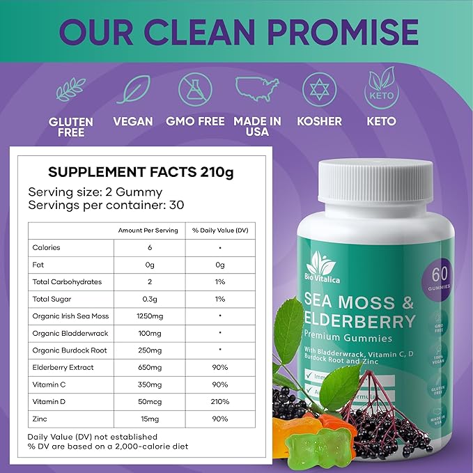 BIO VITALICA Sea Moss Gummies Elderberry BioVitalica - Vitamin C D + Zinc - Irish Seamoss Vegan Gummy with Sea Moss Gel & Powder for Immunity, Detox - for Adults and Kids