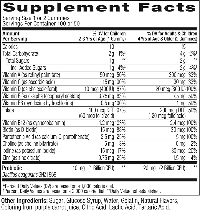 OLLY Kids Multivitamin & Probiotic Gummy, Digestive Support, Vitamins A, D, C, E, B, Zinc, Chewable Supplement, Berry Flavor, 50 day supply - 100 Count